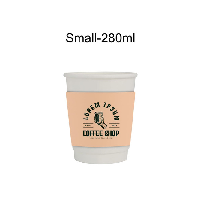 A double wall paper cup with a peach sleeve, featuring a logo and text for a coffee shop.