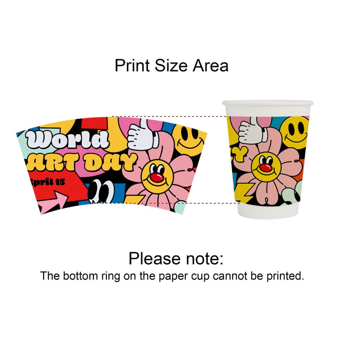 A colourful compostable paper cup with a matching cup sleeve featuring playful designs and a logo.