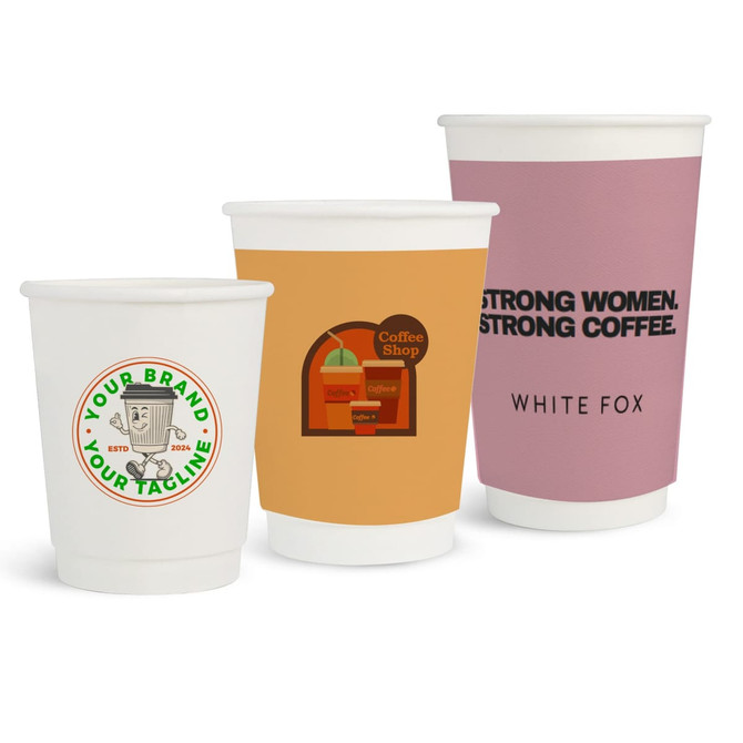 Three paper cups of varying sizes and designs, featuring light colours, with logos and printed graphics.