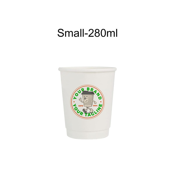 A white double wall paper cup with a circular logo, featuring a cartoon character and text in green and red.
