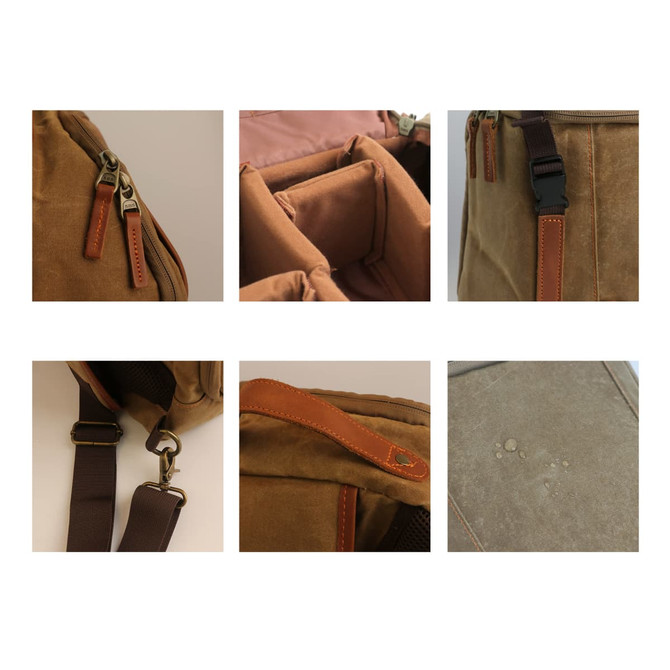 A waxed canvas camera sling bag in tan, featuring leather accents, zippers, and adjustable straps.