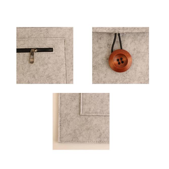 A grey felt laptop bag with a zip pocket and a wooden button closure. It features a simple, minimalist design.