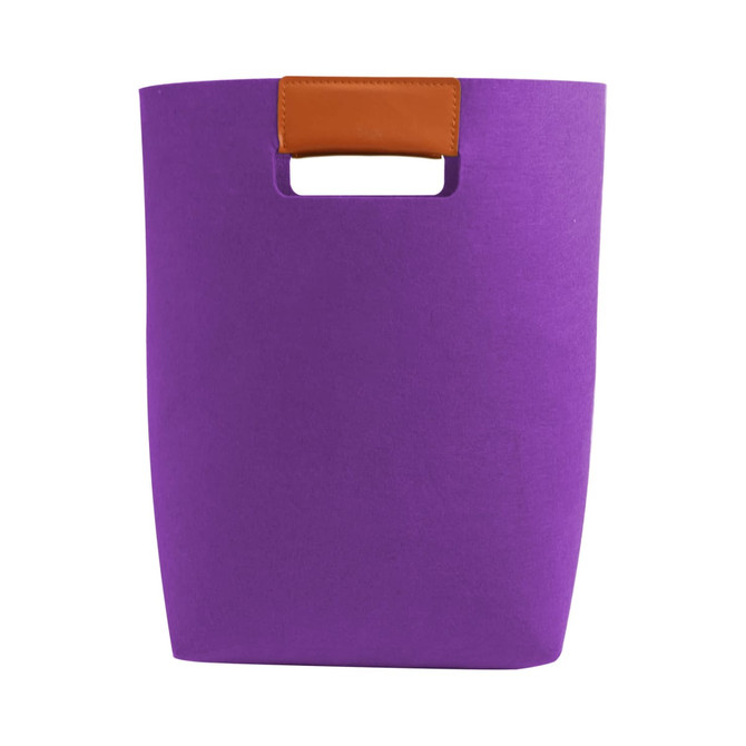 A purple felt tote bag with a brown handle, featuring a simple design and no visible logos or branding.