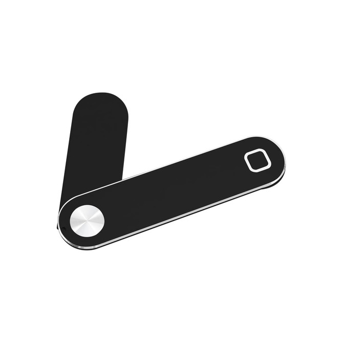 A black laptop extension arm with a sleek design and a metallic circular button. It features a minimalist style.