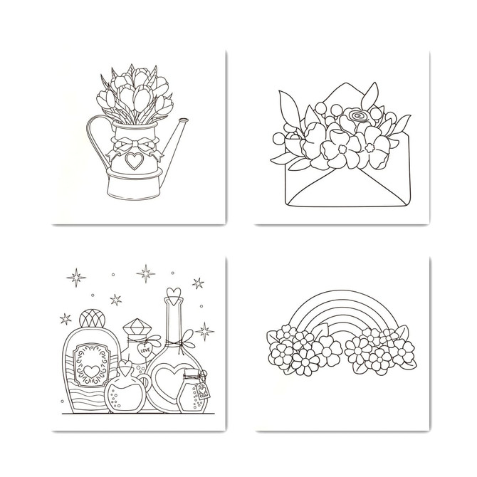 Four black and white illustrations for colouring, featuring a watering can, an envelope with flowers, potion bottles, and a rainbow.