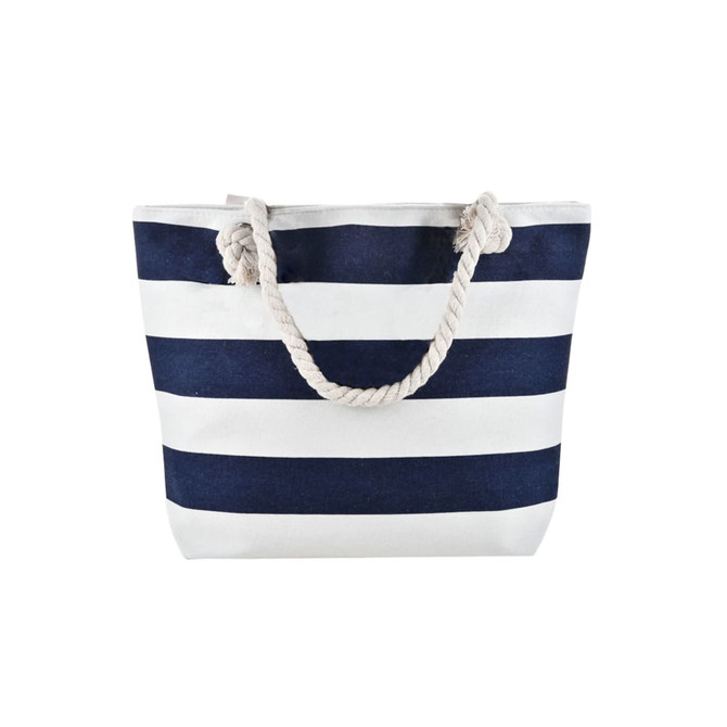 A navy and white striped tote bag with a rope handle, featuring a simple design and an attached logo.