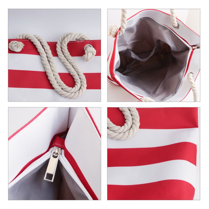 A red and white striped tote bag featuring a rope handle and a spacious interior with a zip closure.