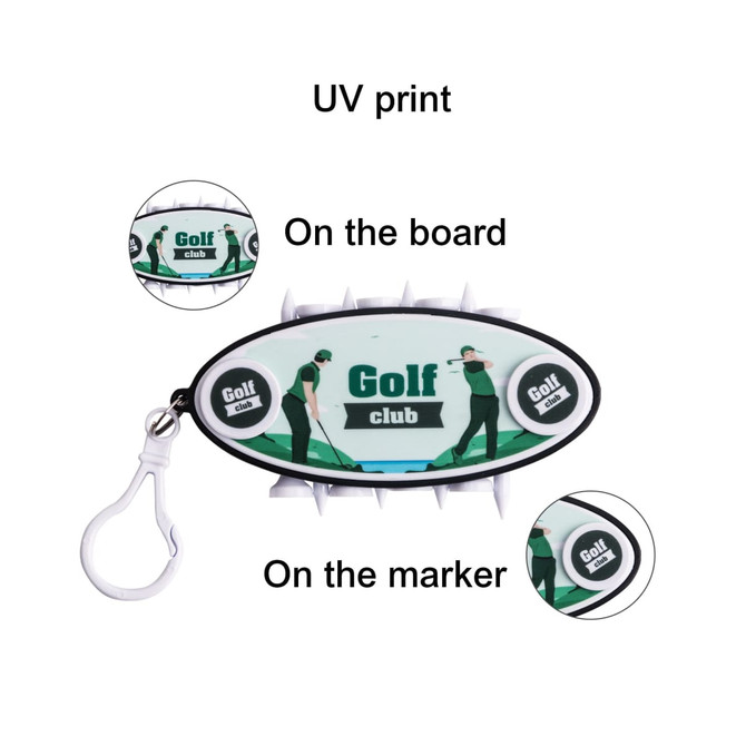 A golf tee set featuring a black and white design with green accents, including a clip for easy attachment.