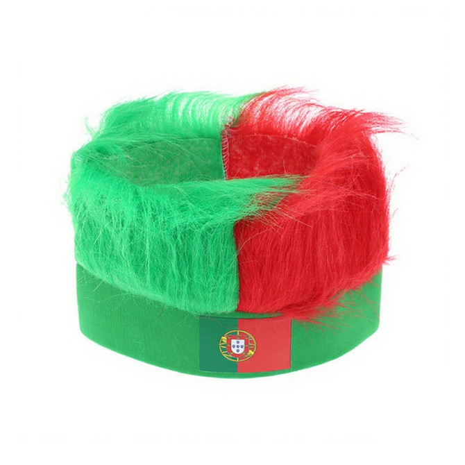 A headband wig featuring vibrant green and red hair, with a green band displaying a logo.