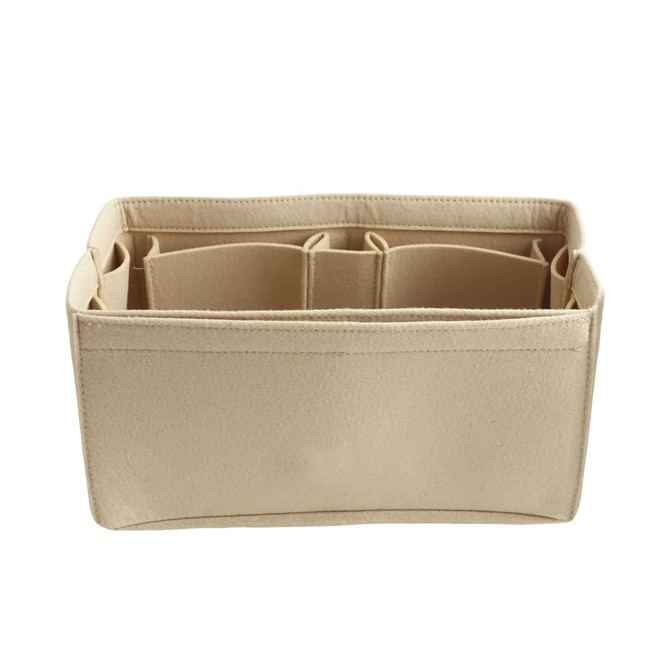 A beige felt bag organiser with multiple compartments for easy storage and organisation. It has a simple, clean design.