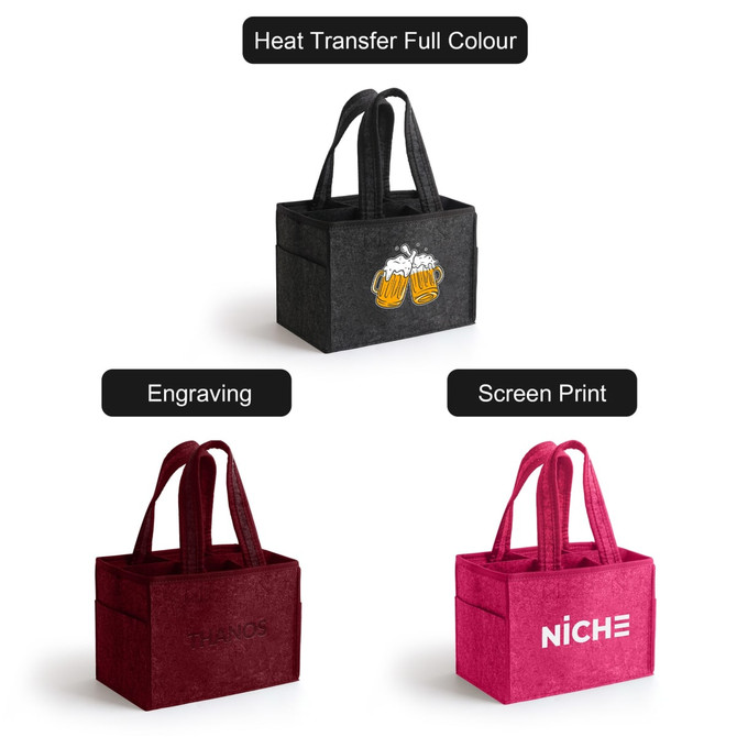 A felt wine tote bag in charcoal and burgundy, featuring dual handles and a logo, ideal for transporting bottles.