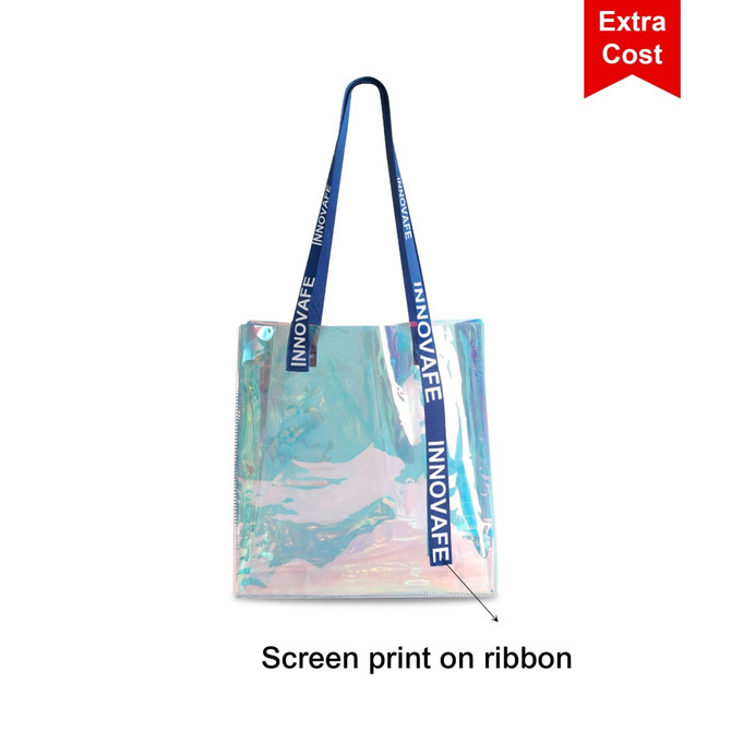 A PVC waterproof tote bag with an iridescent finish and blue screen-printed straps. It features a logo on the straps.
