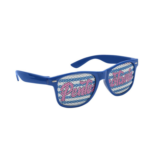 Blue sunglasses featuring a pinhole design and a logo on the lens.