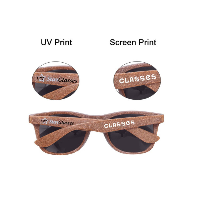 A pair of brown sunglasses made from coffee fibre, featuring dark lenses and branding on the arms.