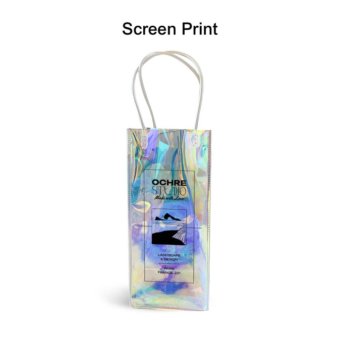 A PVC wine ice bag in iridescent colours with a logo and two handles.