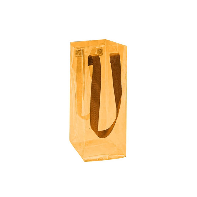 An orange clear jelly wine ice bag with two brown handles and a transparent design. It features a logo.