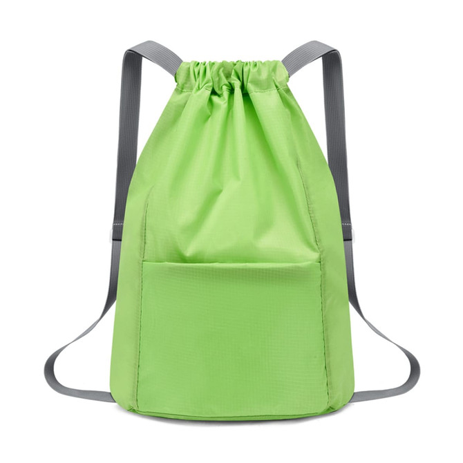 A green bucket drawstring backpack with adjustable grey straps and a front pocket. It features a simple, modern design.