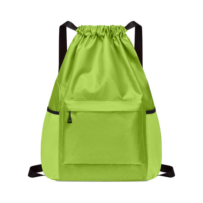 A bright green multi-pocket drawstring backpack featuring a front pocket and a black trim.