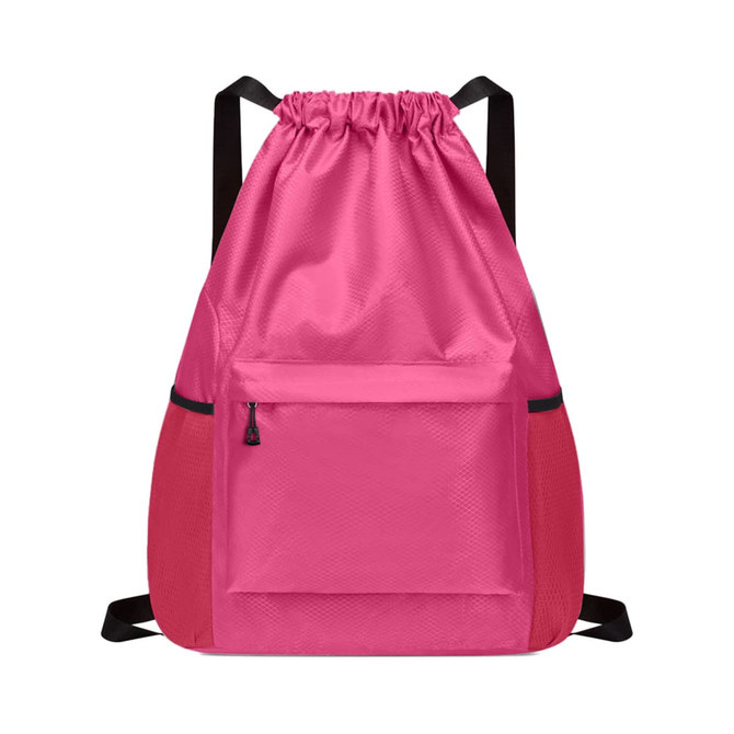 A pink Multi-Pocket Drawstring Backpack featuring a front zip pocket and black straps. It includes a logo.