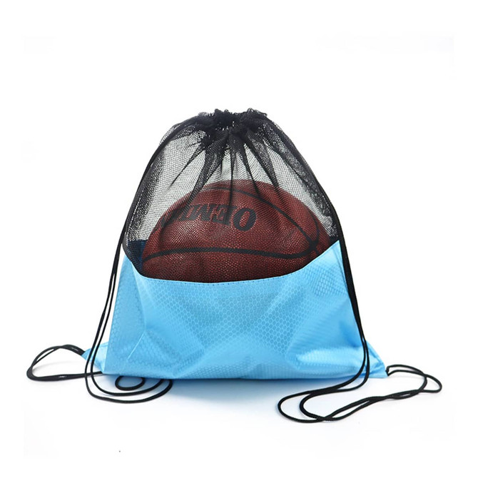 A blue drawstring mesh backpack with a black mesh top and a basketball inside. It features a logo on the front.