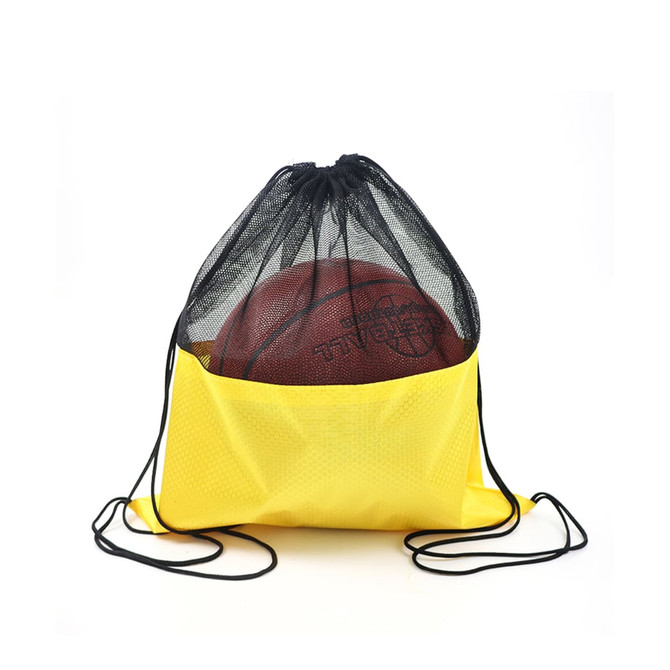 A yellow drawstring mesh backpack with a black top, featuring a basketball inside. It has a logo on the bag.