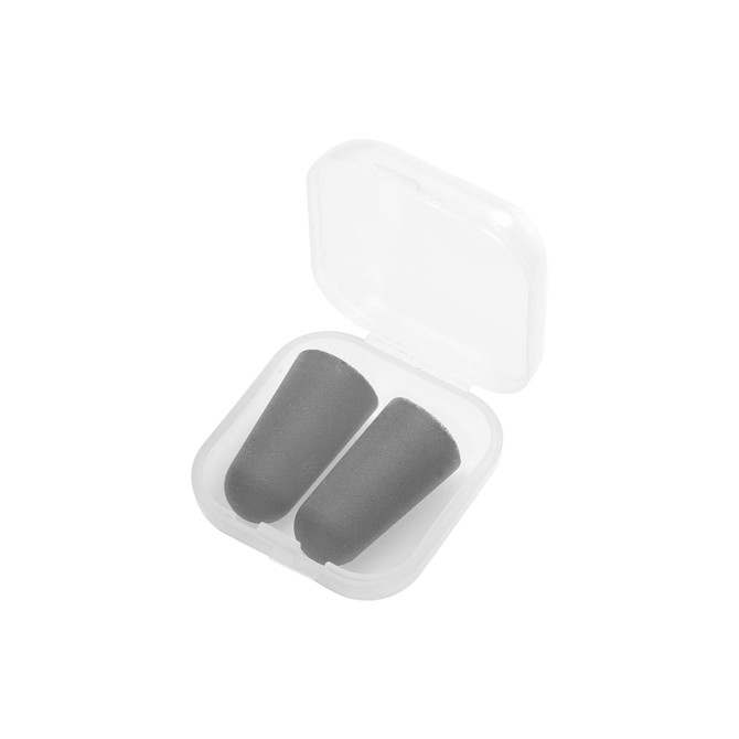 A pair of grey ear plugs stored in a clear plastic case.