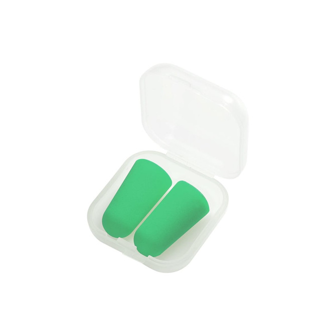 Green ear plugs in a clear, compact case. The case is open, showing the pair of plugs inside.