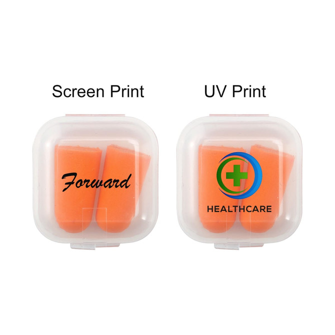 A clear case containing orange ear plugs, featuring a logo on one side and text on the other.