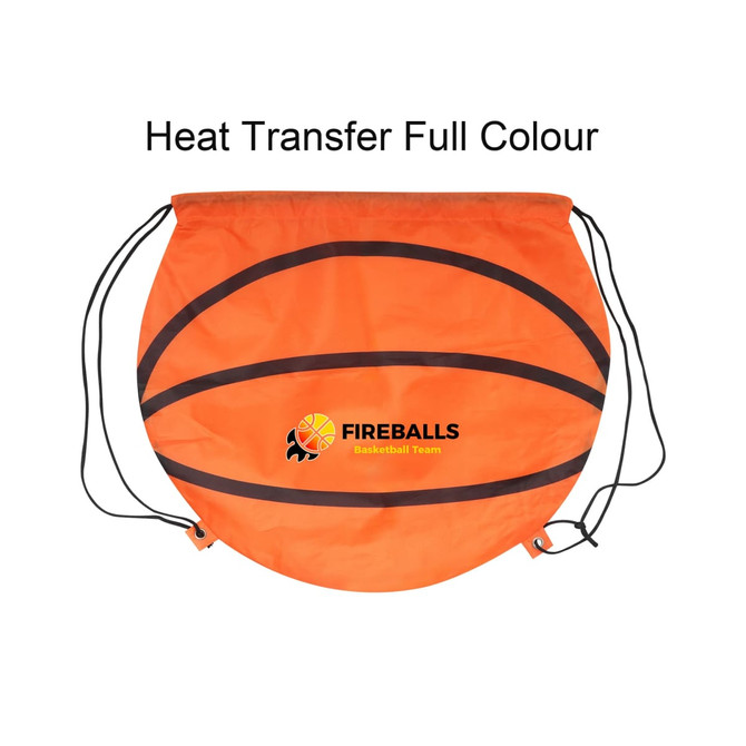 A vibrant orange ball-shaped drawstring backpack with black stripes and a logo.