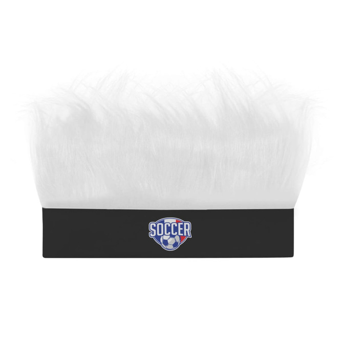 A solid headband wig with fluffy white hair and a black base featuring a logo.