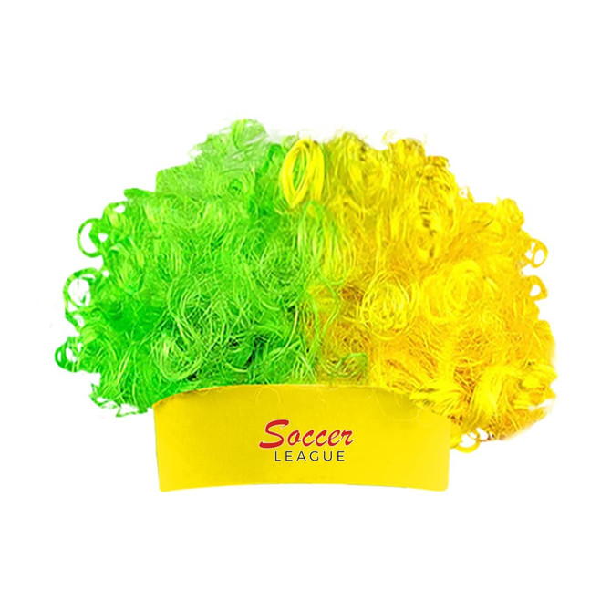 A vibrant afro headband wig featuring green and yellow curls, with a yellow band that has a logo.