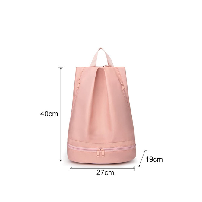 A pink backpack with a handle and two compartments, featuring a zipper on the bottom section.