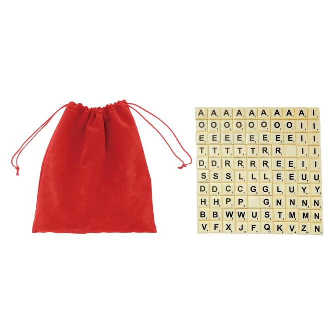 A red drawstring bag alongside a set of square wooden letter tiles in a grid layout, featuring various letters.