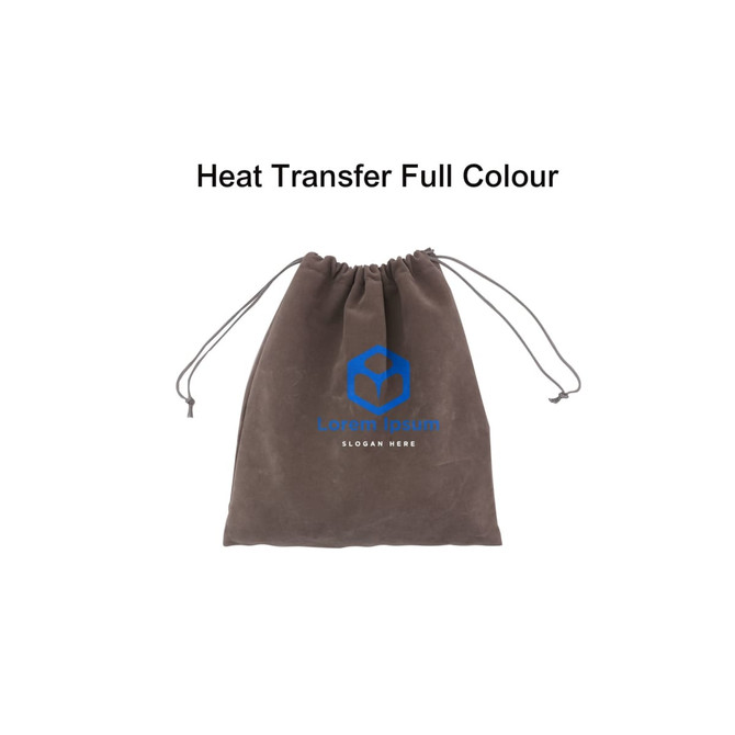 A drawstring pouch in a grey colour, featuring a logo and branding on the front.