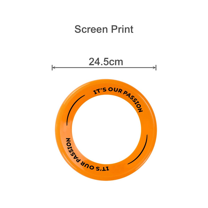An orange frisbee with a circular design and a logo printed around the edge.