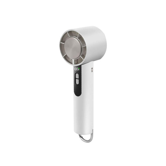 A high-speed cooling fan in white with a sleek design and a digital display on the handle.