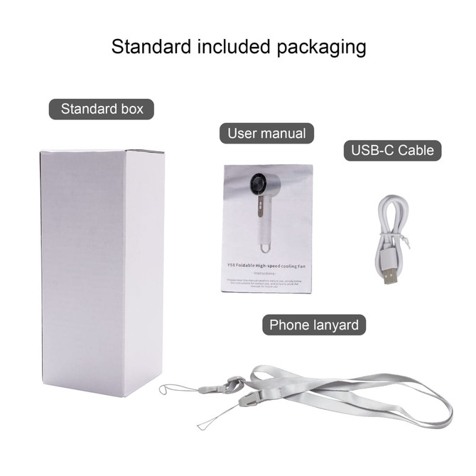 A standard box containing a high-speed cooling fan, USB-C cable, user manual, and a silver phone lanyard.