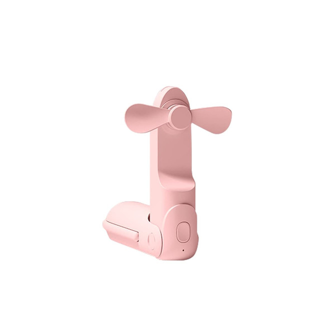 A pink USB handheld mini fan with a flashlight, featuring a compact design and a small base.