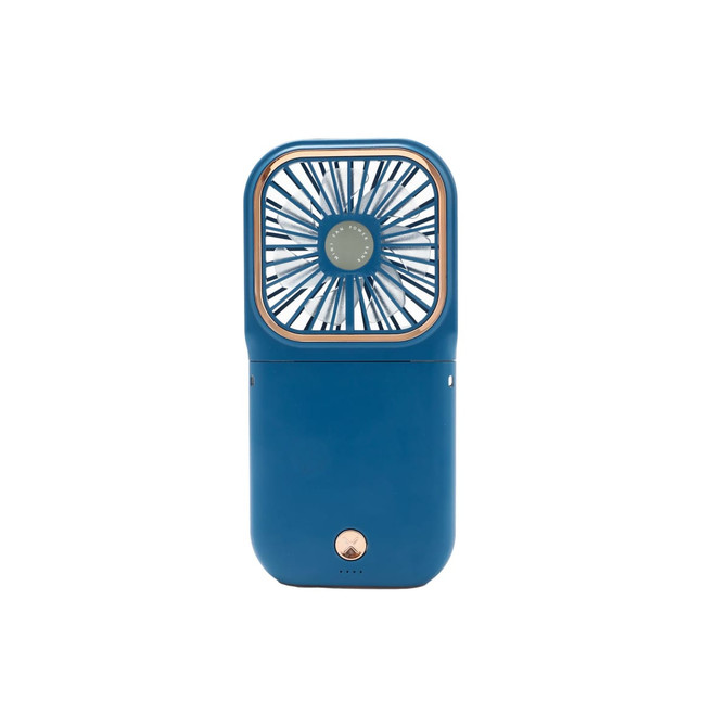 A blue folding neck fan with a phone stand and a central fan blade design, featuring a logo on the front.