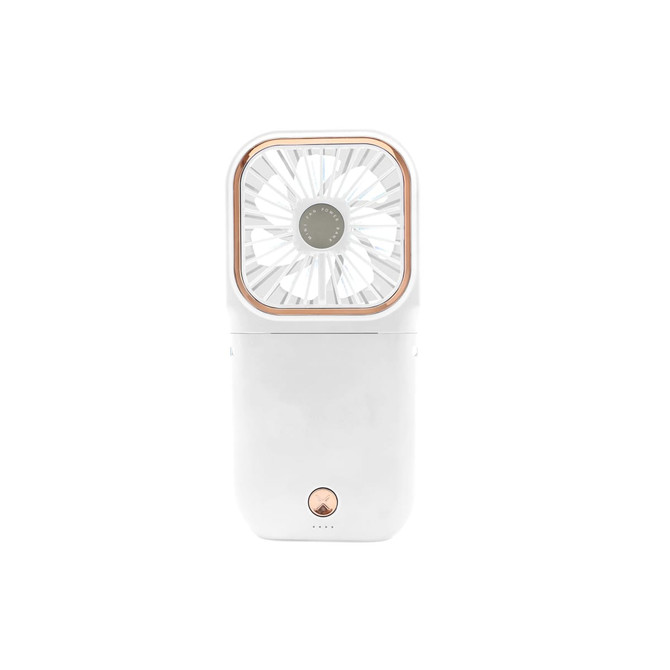 A white folding neck fan with a phone stand feature, featuring a rose gold accent and a circular fan design.