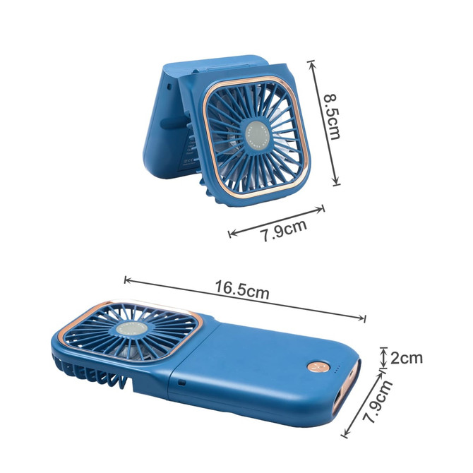 A blue folding neck fan with a phone stand, featuring a circular fan design and dimensions displayed.