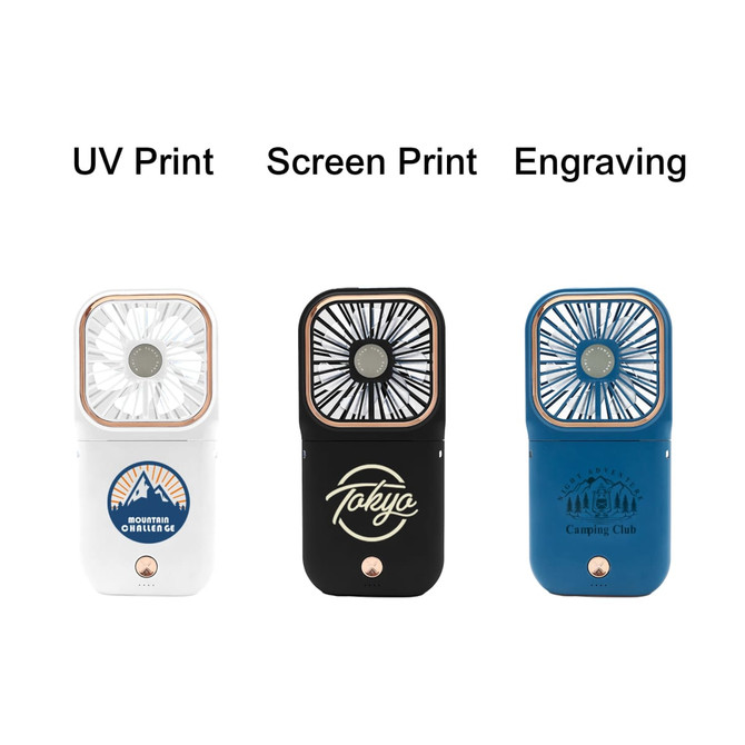 A folding neck fan in white, black, and blue, each featuring a different logo design.