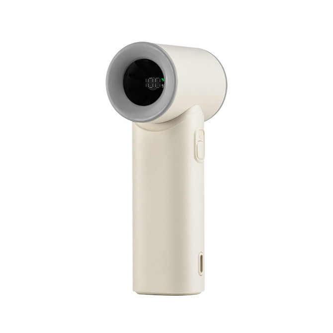A portable handheld fan in cream colour with a round head and a power button on the side. It features a logo.