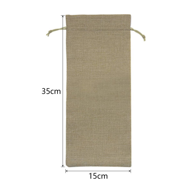 A natural-coloured drawstring bag, measuring 35cm by 15cm, featuring a simple design and a logo.
