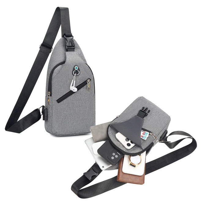 A grey travel sling chest bag with a shoulder strap and multiple compartments for storing a phone, wallet, and other items.