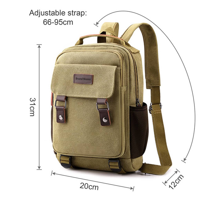 A canvas sling backpack in olive green with adjustable straps, featuring multiple compartments and a logo.