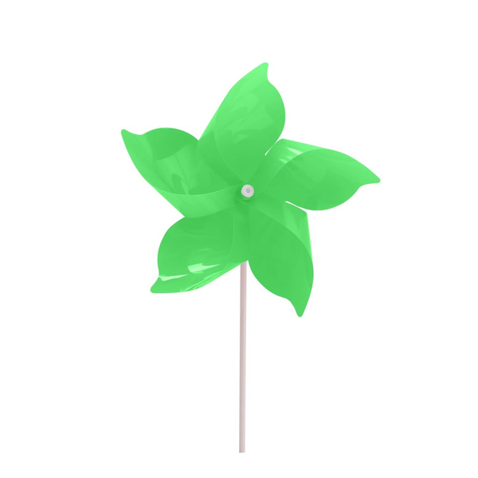 A five-leaf pinwheel in vibrant green, featuring a white stem. It has a simple, playful design.