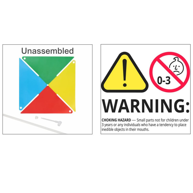 A four-leaf pinwheel is displayed in yellow, green, red, and blue. It is unassembled with a warning label.
