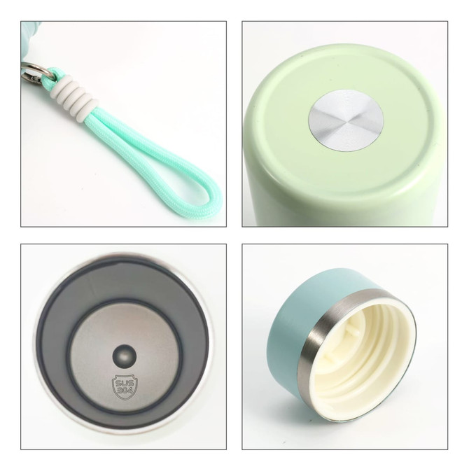 A drink bottle in mint green with a slim design, featuring a stainless steel base and a removable lid.