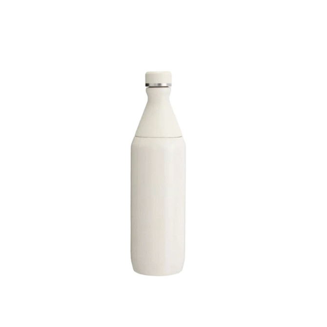 A drink bottle in a sleek white design with a silver band at the top and a logo on the body.